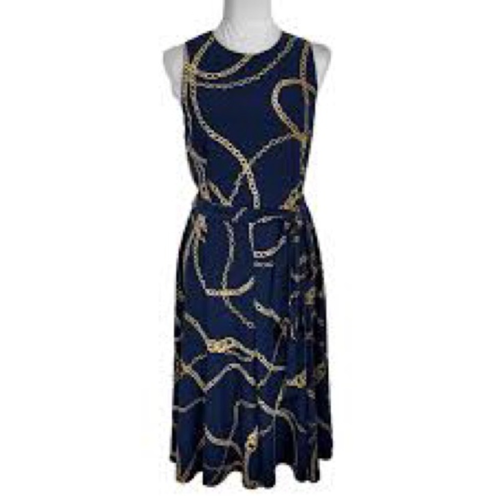 NWT Lauren Ralph Lauren slvls dress with a navy and gold chain print. Size 12P